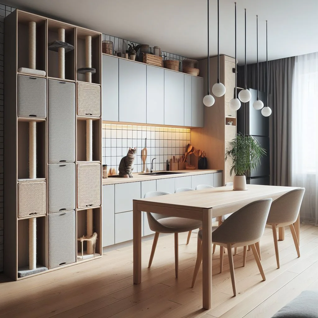 A modern kitchen with tall cabinets featuring hidden scratching posts integrated into the doors