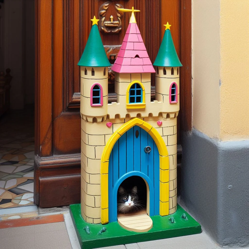 Whimsical Cat Castle Door-A brightly painted door transformed into a miniature castle entrance, complete with a pointed archway and a small cat door built into the base.